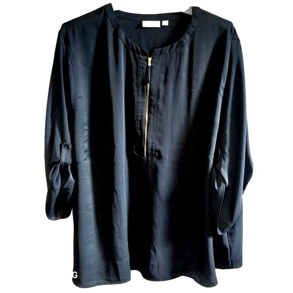 Belle Kim Gravel Womens Blouse 5X Black With Gold Zipper Accent & 3/4 Roll-Tab S - Picture 1 of 5
